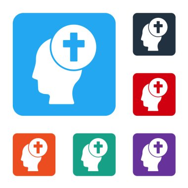 Beyaz adam, beyaz arka planda izole edilmiş cenaze kederi simgesini gömdü. Üzüntü, üzüntü, keder, ölüm duygusu. Renkli kare düğmelerle simgeleri ayarla. Vektör.