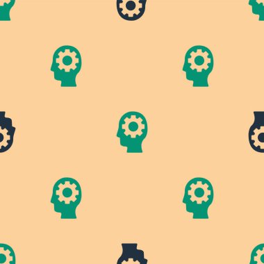 Yeşil ve siyah insan kafası. İkonun içinde teçhizat var. Bej arka planda kusursuz desen var. Yapay zeka. Düşünen beyin. Beynin sembol çalışması. Vektör.