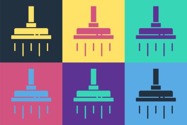 Arkaplanda su damlaları akan bir ikon olan Pop Art Duş başlığı izole edilmiş. Vektör.