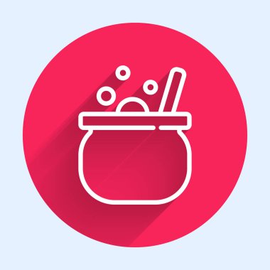 Beyaz çizgi Cadılar Bayramı cadı kazanı ikonu uzun gölgeli izole edilmiş. Mutlu Cadılar Bayramı Partisi. Kırmızı daire düğmesi. Vektör.