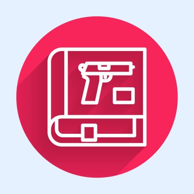 Uzun gölgeli beyaz çizgi kitabı ya da silah ikonu. Polis ya da askeri silah. Küçük ateşli silah. Silah kataloğu. Kırmızı daire düğmesi. Vektör.