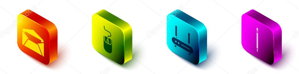 Set Isometric Envelope, Computer mouse, Router and wi-fi signal and Pencil with eraser icon. Vector.