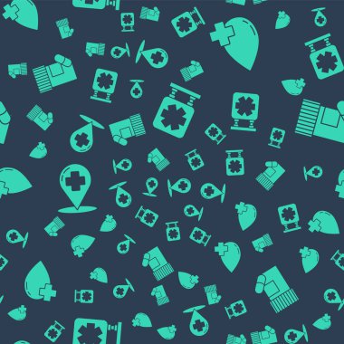 Acil 'in tıbbi sembolünü belirleyin, kan bağışını haçla yapın, harita işaretleyiciyi çapraz hastaneyle ve ilaç şişesiyle ve hapları kusursuz desenli yapın. Vektör.