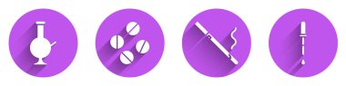 Esrar içmek için cam bong, ilaç hapı ya da tablet, uzun gölgeli sigara ve Pipette ikonu. Vektör.