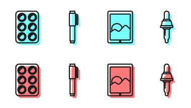 Çizgi tableti, kutuda suluboya boyaları, kalem ve Pipette simgesini ayarla. Vektör.