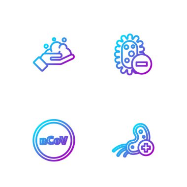 Pozitif virüsü ayarla, Corona 2019-nCoV, ellerini sabun ve negatifle yıkıyor. Renk simgeleri. Vektör.