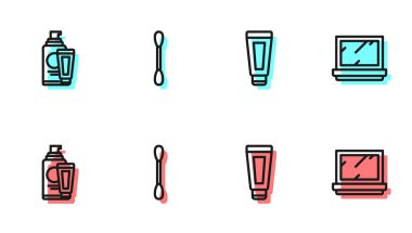 Krem ya da losyon kozmetik tüpü, kulak için pamuk çubuğu ve ayna ikonlu makyaj tozu hazırlayın. Vektör.