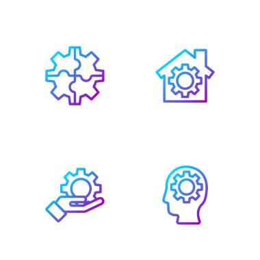 İnsan kafasını teçhizatla ayarla, eli, Gear 'ı ve House' u ayarla. Renk simgeleri. Vektör.