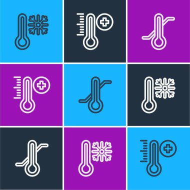 Termometreyi kar tanesi, meteoroloji termometresi ve ikonla ayarla. Vektör.