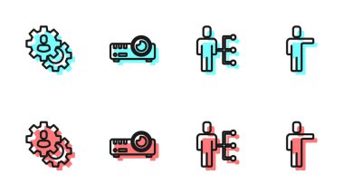 Takım elbiseli adam, kelle avcılığı, medya projektörü ve ikon. Vektör.