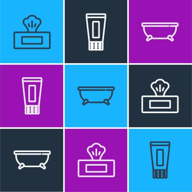 Sıralı ıslak mendil, küvet ve tüp diş macunu ikonu. Vektör.