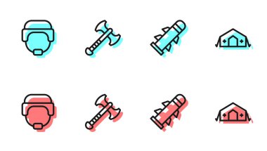 Roket hattı, askeri miğfer, savaş baltası ve tıbbi çadır ikonu. Vektör.