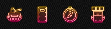 Pusula, ordu tankı, saldırı kalkanı ve yürüyüş çantası. Parlayan neon ikonu. Vektör.