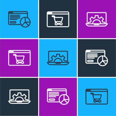 Web sitesi istatistik, geliştirme ve çevrimiçi alışverişini ekran simgesinden ayarla. Vektör.