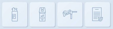 Hat hattı yağ şişesi, makineli tüfek M3, biber gazı ve Ateşli Silahlar ruhsatı. Beyaz kare düğme. Vektör.