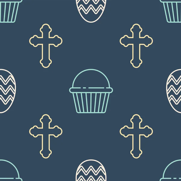 Set Line Easter Egg Christian Cross Easter Cake Seamless Pattern — Stock Vector