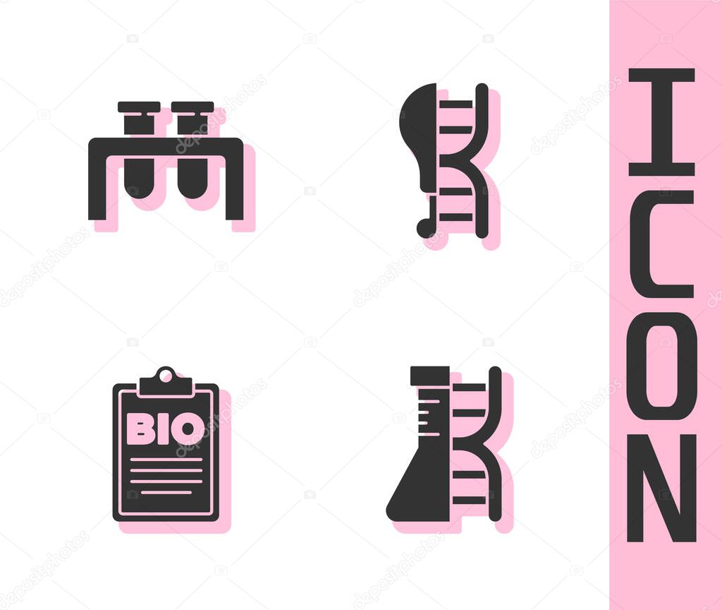 Set DNA research, search, Test tube and flask, Document for bio healthy food and Genetically modified chicken icon. Vector.