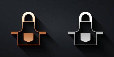 Altın ve gümüş mutfak önlüğü simgesi siyah arka planda izole edildi. Yemek pişirmek için şef üniforması. Uzun gölge tarzı. Vektör.