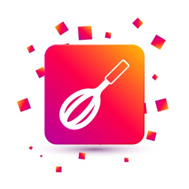 Beyaz Mutfak çırpma simgesi beyaz arkaplanda izole edildi. Mutfak aletleri, yumurta çırpıcı. Çatal bıçak seti. Yemek karışımı sembolü. Kare renk düğmesi. Vektör.