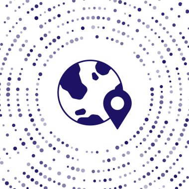 Küresel simgenin mavi konumu beyaz arkaplanda izole edildi. Dünya ya da Dünya işareti. Soyut çember rastgele noktalar. Vektör.