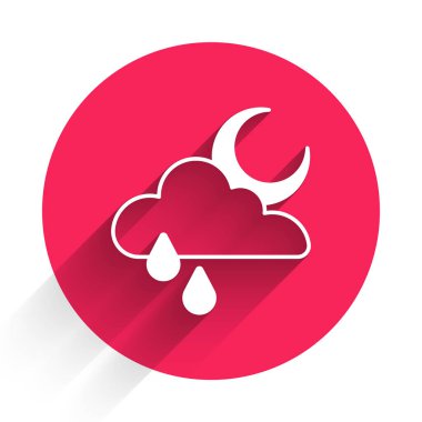 Yağmurlu beyaz bulut ve uzun gölgeli ay ikonu. Yağmur damlaları ile yağmur bulutu yağışı. Kırmızı daire düğmesi. Vektör.