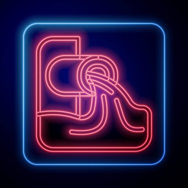 Parlayan neon atık su simgesi siyah arkaplanda izole edildi. Kanalizasyon borusu. Borudan nehre sıvı akıyor. Vektör.