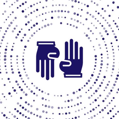 Beyaz arka planda mavi lastik eldiven ikonu izole edildi. Lateks el koruması işareti. Ev işi temizlik ekipmanları sembolü. Soyut çember rastgele noktalar. Vektör.