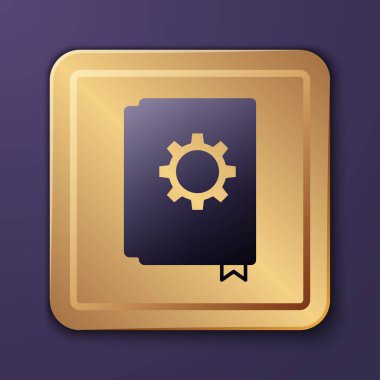 Mor Kullanıcı elle simgesi mor arkaplanda izole edildi. Kullanıcı rehberi kitabı. Talimat işareti. Kullanmadan önce oku. Altın kare düğme. Vektör.