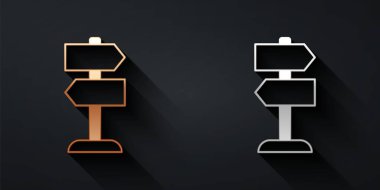 Altın ve gümüş yol trafik levhası. Siyah arkaplanda sinyal simgesi izole edildi. İşaretçi sembolü. İzole sokak bilgi levhası. Yön tabelası. Uzun gölge tarzı. Vektör.