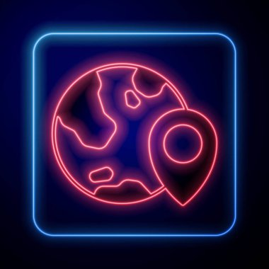 Dünya simgesinde parlayan neon konumu siyah arkaplanda izole edildi. Dünya ya da Dünya işareti. Vektör.