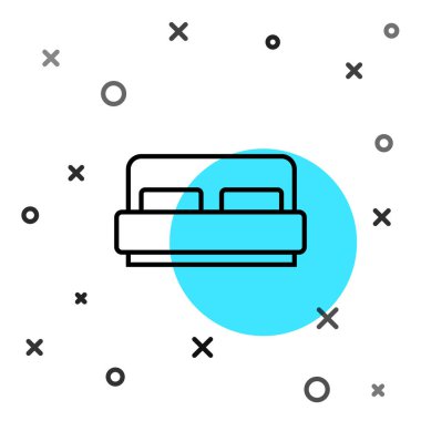 Siyah çizgi otel odası yatak ikonu beyaz arka planda izole edilmiş. Rastgele dinamik şekiller. Vektör.