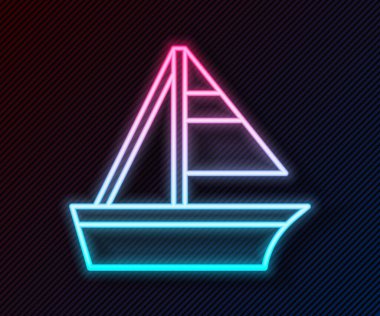 Parlayan neon hattı ya da siyah arka planda izole edilmiş yelkenli gemi simgesi. Yelkenli deniz seyahati. Vektör.