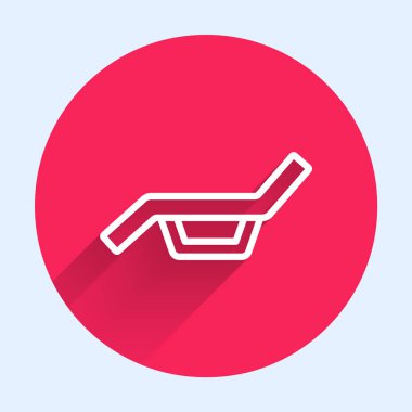 Beyaz çizgi Sunbed simgesi uzun gölgeli izole edilmiş. Güneş şezlongu. Kırmızı daire düğmesi. Vektör.