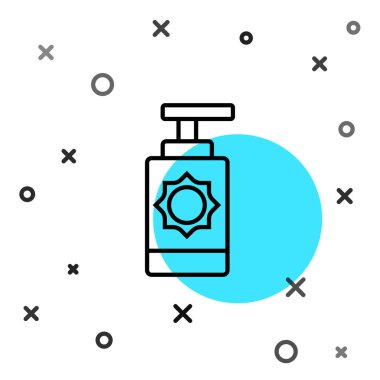 Siyah çizgi güneş kremi şişesi simgesi beyaz arkaplanda izole edilmiş. Cilt için güneş ultraviyole ışığından koruma. Rastgele dinamik şekiller. Vektör.