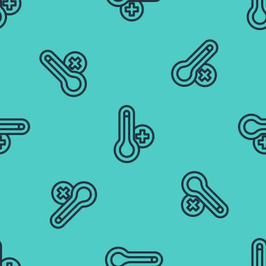 Isıyı ve soğuk ikonu ölçen siyah çizgi meteoroloji termometresi yeşil arka planda izole edilmiş pürüzsüz desen. Termometre termometresi sıcak ya da soğuk hava gösteriyor. Vektör.