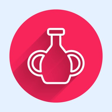Beyaz çizgi vazo simgesi uzun gölgeli izole edildi. Kırmızı daire düğmesi. Vektör.