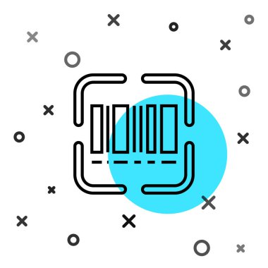 Siyah çizgi tarayıcısı beyaz arkaplanda izole edilmiş barkod simgesini tarıyor. Barkod etiketi. Parmaklıklı teslimat için kimlik. Rastgele dinamik şekiller. Vektör.