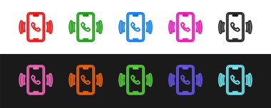 Hattı ayarla Telefon 24 saat destek ikonu siyah beyaz arkaplanda izole edildi. Tüm gün müşteri destek merkezi. Tam zamanlı çağrı servisi. Vektör.