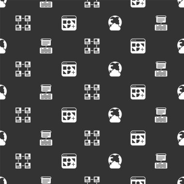 Sosyal Ağ, Sunucu, Veri, Web Sunucusu, Hiyerarşi organogram şeması ve pürüzsüz desen üzerine farklı dosyalar ayarla. Vektör
