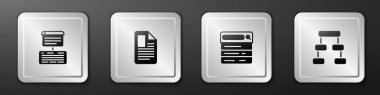 Sunucu, Data, Web Sunucusu, Dosya belgesi, Arama motoru ve Hiyerarşi organogram grafik simgesini ayarla. Gümüş kare düğme. Vektör