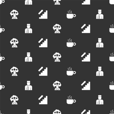 Kahve fincanı, konsiyerj, beş yıldızlı değerlendirme ve merdivenleri kusursuz düzende ayarla. Vektör