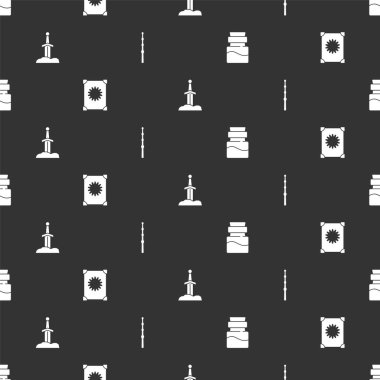 Şişeyi iksirle, Kadim büyü kitabıyla taştaki kılıç ve kusursuz desenli sihirli değnekle ayarla. Vektör