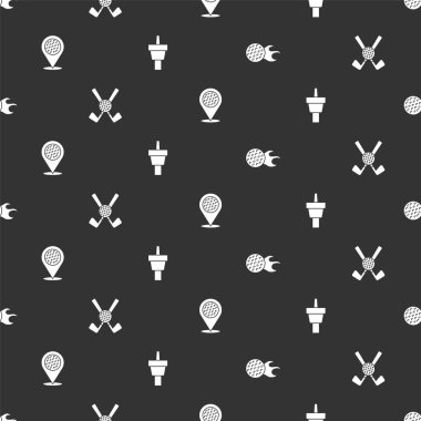 Golf topunu ayarla, çapraz golf sopası, konum sporu ve golf sahasının kusursuz deseni. Vektör