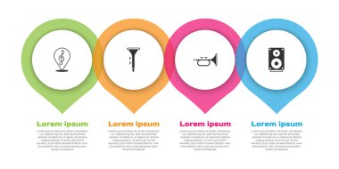 Treble anahtarı, davul ve bagetleri, trompet ve stereo hoparlörlerini ayarla. Ticari bilgi şablonu. Vektör