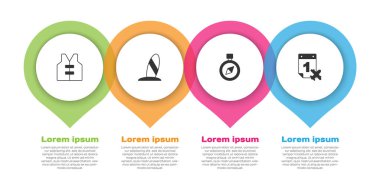 Can yeleği, sörf tahtası, pusula, takvim ve uçak ayarla. Ticari bilgi şablonu. Vektör