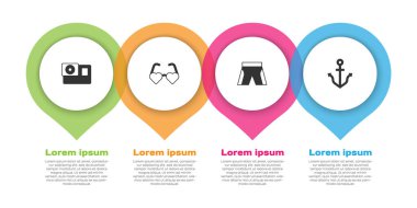 Aksiyon kamerası, Kalp şeklinde aşk gözlükleri, kısa pantolon ya da pantolon ve dayanak noktası. Ticari bilgi şablonu. Vektör