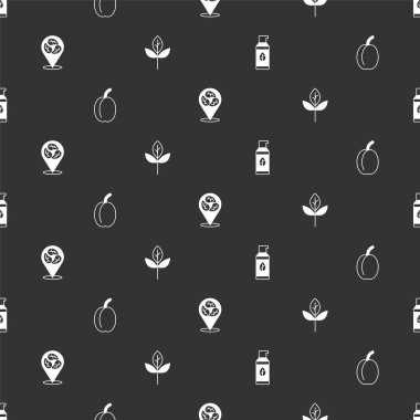 Organik kozmetik ürünleri, erik meyvesi, vegan besin diyeti ve yaprakları kusursuz bir şekilde yerleştirin. Vektör