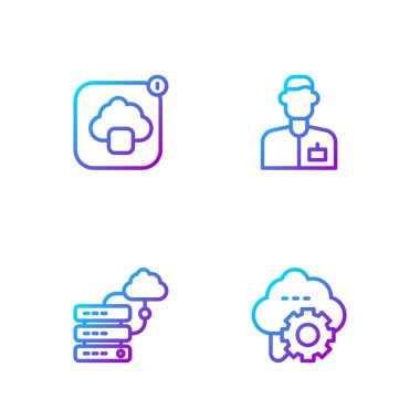 Hat Cloud teknoloji veri transferini, Network bulut bağlantısını ve Analist mühendisi ayarla. Renk simgeleri. Vektör