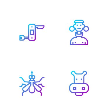 Hippo ya da Hippopotam, Sivrisinek, İsviçre çakısı ve Afrika kabilesinden erkek. Renk simgeleri. Vektör