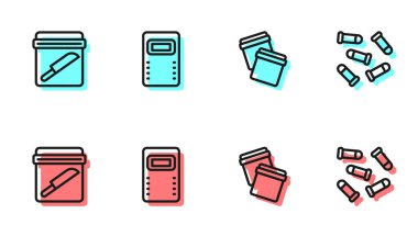 İpli plastik torba, kanıt bıçağı, polis saldırı kalkanı ve kurşun ikonu. Vektör